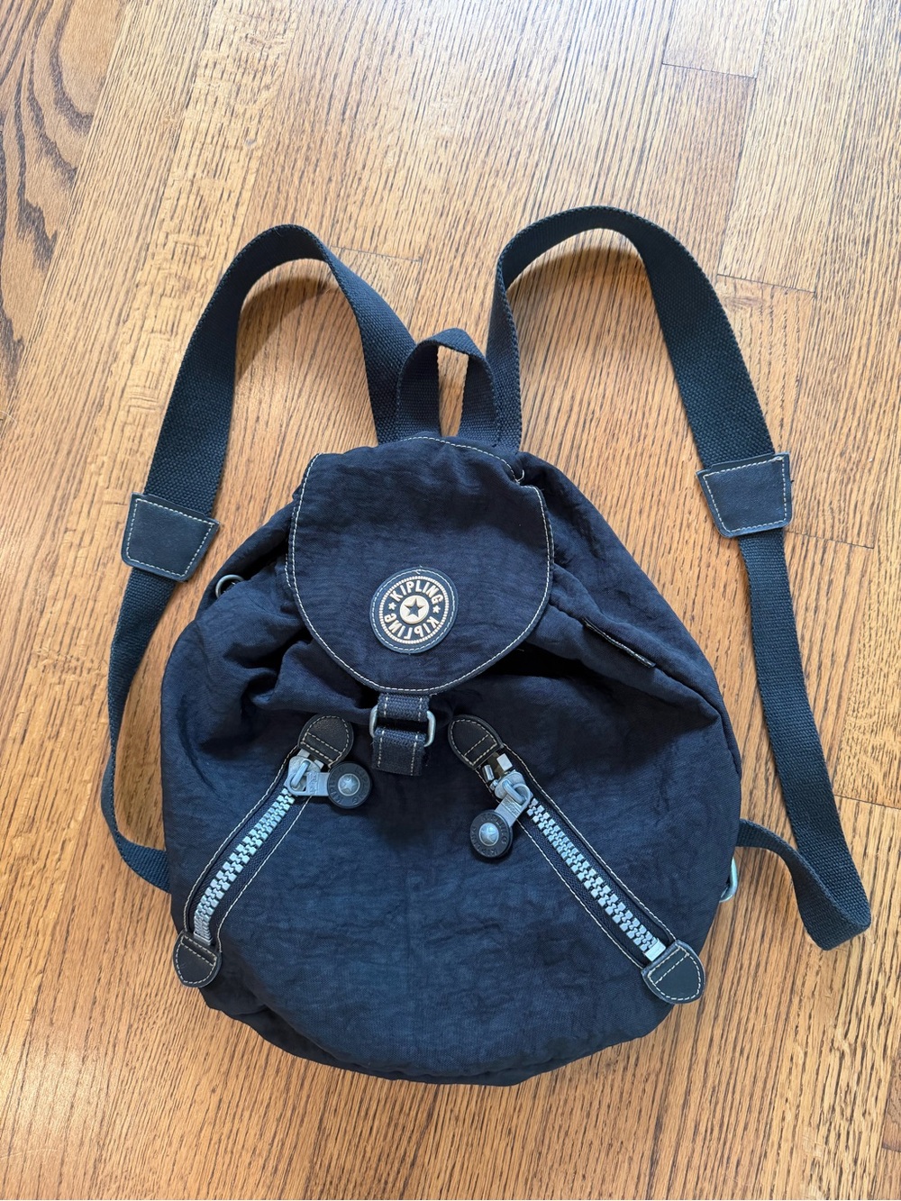 90s Vintage Kipling Black Compact Drawstring Nylon Backpack
